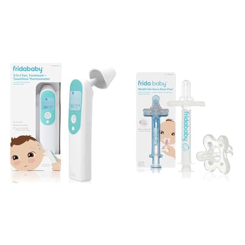Frida Baby Thermometer, 3-in-1 Infrared Thermometer for Ear, Forehead & Touchless + Frida Baby Medicine Pacifier, Medicine Syringe & Accu-Dose Pacifier