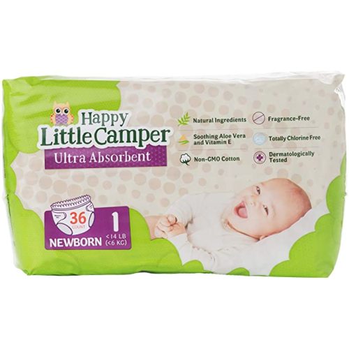 Happy Little Camper Ultra-Absorbent Natural Baby Diapers Size 1 - Hypoallergenic & Chlorine-Free Disposable Diapers Safe for Sensitive Skin - Unscented Newborn Diapers - 36 Count - Size 1, 36 Count