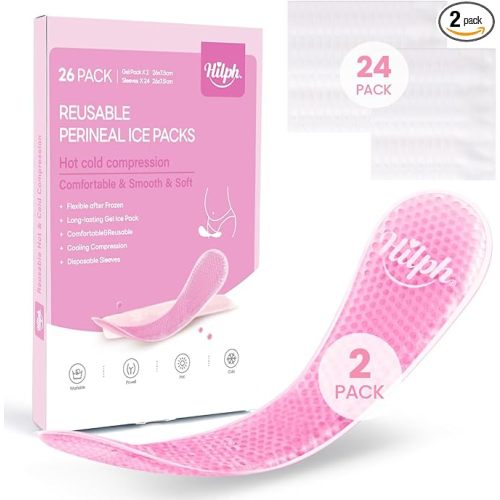 Hilph Perineal Ice Packs for Postpartum Hemorrhoid Pain Relief, Reusable 2 Perineal Cooling Pads with 24Pcs Disposable Sleeves for Women After Pregnancy and Delivery, Essentials Postpartum Care