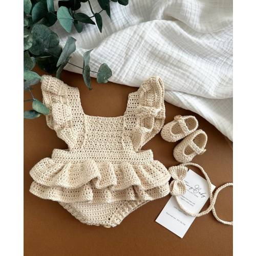 Baby Girl Ruffle Romper, Newborn Photography Prop, Baby Girl Crochet Dress, Crochet Baby Girl Shoes,  Infant Girl Outfit, Baby Girl Clothes