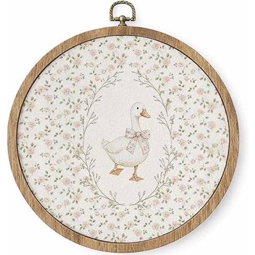 HYKDFMNCJ Coquette Bow Goose Floral Round Framed Wall Art, Cottagecore Rose Flower Botanical Goose Wall Hanging Canvas Prints Artwork Decorations for Girls Room Nursery Playroom, 10x10 Inch