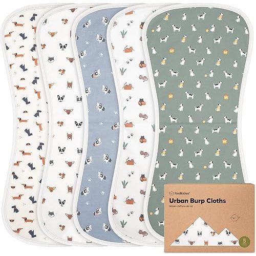 Organic Burp Cloths for Baby Boys and Girls - 5-Pack Super Absorbent Burping Cloth, Burp Clothes, Soft & Plush Newborn Towel, Milk Spit Up Rags, Burpy Cloth Bib for Unisex, Burping Rags (Pets & Paws)