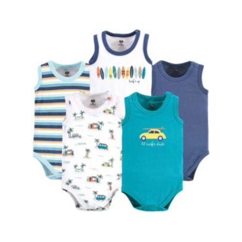 Baby Boys Cotton Sleeveless Bodysuits, Surfer Dude, 5-Pack