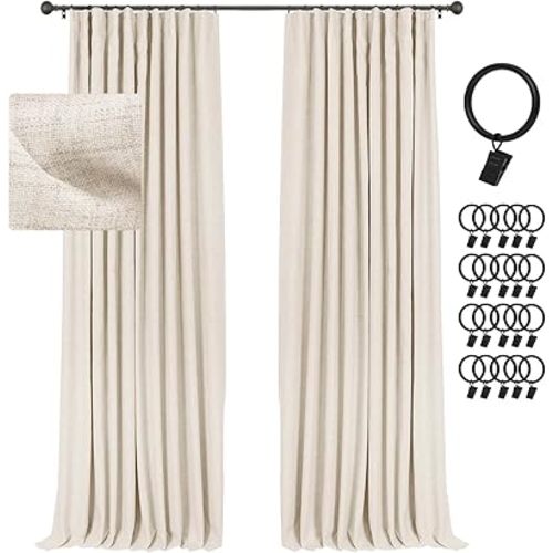 INOVADAY 100% Blackout Curtains for Bedroom, Black Out Curtains Clip Rings/Rod Pocket Linen Blackout Drapes 2 Panels Set, Thermal Insulated Drapes for Living Room, Cream, W50 x L96