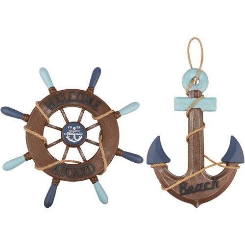 2 Pack 13" Nautical Beach Wooden Ship Wheel and 13" Wooden Anchor with Rope Nautical Boat Steering Wheel Rudder Anchor Wall Art Decor Door Hanging Ornament Beach Theme Home Decoration(Retro Brown)