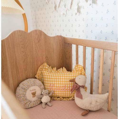 Embroidered Customised Name Linen Ruffle Mini Cushion in Yellow Gingham