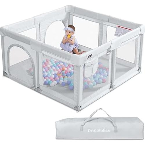ANGELBLISS Baby Playpen, Large Baby Playard, Indoor & Outdoor Kids Activity Center with Anti-Slip Base, Sturdy Safety Play Yard with Breathable Mesh, Kid's Fence for Infants Toddlers (Grey, 50x50)