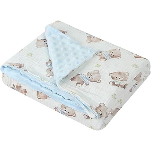Baby Boys Girls Minky Blanket with Muslin Cotton Front and Dotted Fleece Backing, Soft Nursery Receiving Blankets for Newborn Toddler Crib Stroller Car Seat, Stripes Bear