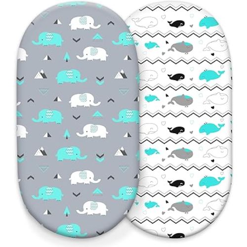 Stretch Fitted Bassinet Sheet Set BROLEX 2 Pack Cradle Sheets for Bassinet Pad/Mattress,Unisex Boys Girls,Ultra Soft,Elephant Whale