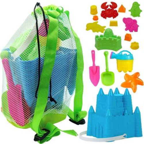 4E's Novelty 17 Pc Kids Beach Toys Set w/ Bucket, Shovels, Molds & Mesh Bag, Sand Box Fun