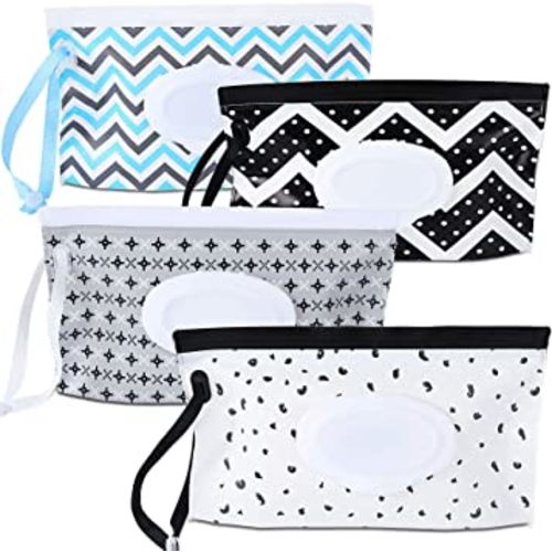FEBSNOW 4 Pack Baby Wipe Dispenser, Portable Refillable Wipe Holder, Baby Wipes Container, Wipe Dispenser, Reusable Travel Wet Wipe Pouch (Geometric)
