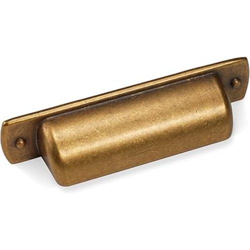 Antique Brass Cabinet Handles, 10 Pack 3 inch(76mm), Zinc Alloy Kitchen Cabinet Hardware, Vintage Drawer Cup Pulls, Aged Gold Bronze, Ideal for Cabinets, Closets, Doors