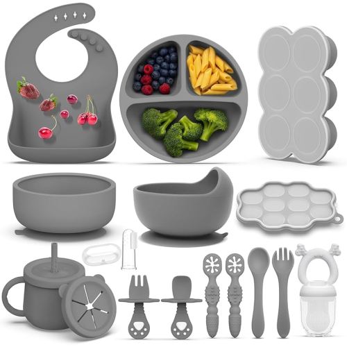 16 Pack Silicone Baby Feeding Set, BPA-Free Baby LED Weaning Supplies, Include Suction Plates, Baby Bowls, Silicone Fork & Spoon, and More, First Stage Baby Food Eating Utensils - 6+ Months(Grey,16)