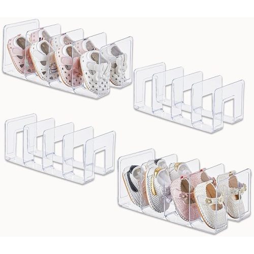 UFORU Clear Acrylic Kids Shoe Rack for Closet Organizers and Storage | 4 Pack Small Shoe Rack 4 Sections Toddler Baby Shoe Storage Organizer Stackable Shoe Shelf, Desk File Sorter Book Purse Organizer