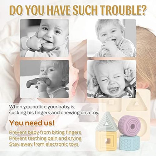 FRUSE Baby Soft Nesting Sorting Stacking Toys,Silicone Building Baby Blocks Teether,Kids Threading Toys & Matching Games,Education Learning Montessori Sensory Puzzle Toy for Toddler 6m+ - Marshmello