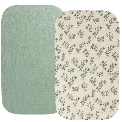 Muslin Bassinet Sheet Compatible with AMKE 3 in 1 Bassinet(35 X 20), Milliard, Bellababy, TCBunny Bassinet, 2 Pack Cotton Stylish Boho Fitted Bassinet Sheets for Baby Roman Green & Botanical Leaf