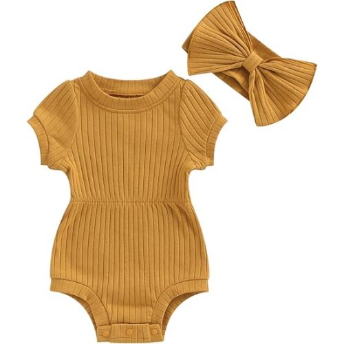 Newborn Baby Girl Summer Clothes Ribbed Knit Short Sleeve Romper Onesie Bodysuits Jumpsuit with Headband Outfit - Brown - 6-9 Months
