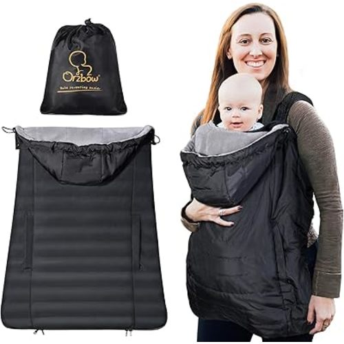 Orzbow Winter Baby Carrier Cover with Detachable Hood, Waterproof & Windproof, Universal for Baby Carriers and Baby Waist Stool, Baby Bunting Bag for Car Seats and Strollers with Storage Bag, Black