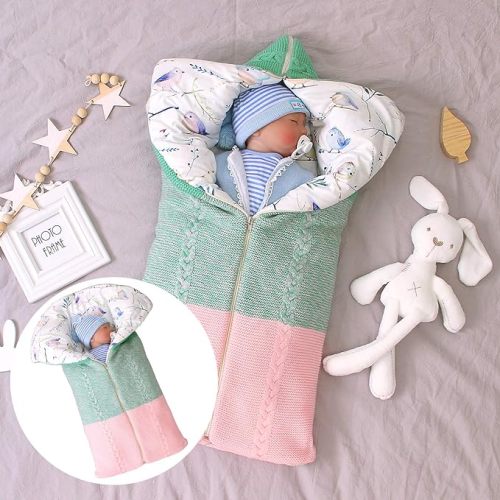 Newborn Baby Swaddle Sack Knitted Crochet Hooded Baby Sleep Sack Boy or Girl Swaddle Wrap for 0-6 Months Baby Receiving Blankets,Sleeping Bag