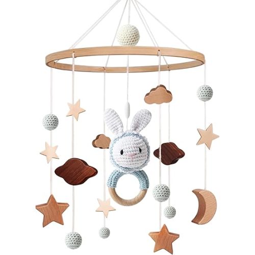 Baby Mobile for Crib - Crochet Removable Bunny Nursery Mobile for Boys Girls Boho Nursery Decor for Bedroom Hanging Decoration (Blue)