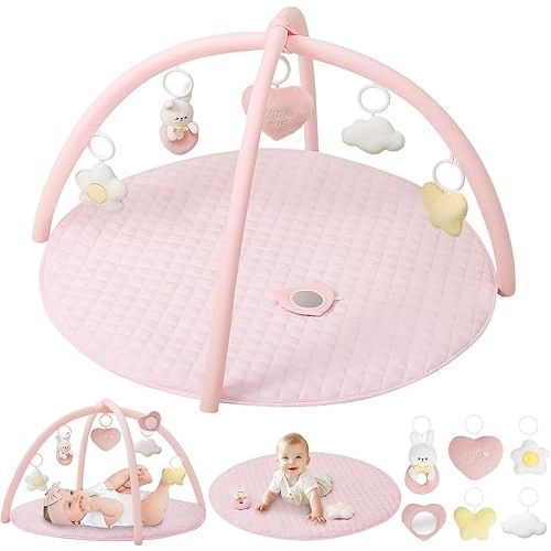 Baby Gym Play Mat, Tummy Time Mat with 6 Detachable Toys, Stylish Activity Play Mat for Babies 0-6-12 Months, Essential Gift for Newborns and Toddlers, Pink