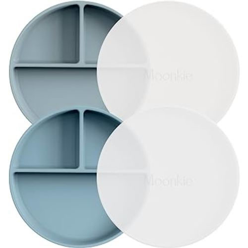 Moonkie Suction Plates for Baby | 100% Silicone BPA-Free Baby Plates with Lids and Food Cover | Divided Design | Microwave and Dishwasher Safe | Toddler Plates 2 Pack