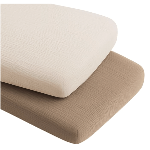 Konssy 2 Pack Muslin Bassinet Sheets for Boys, Girls, 100% Cotton Soft Breathable Fitted Bassinet Mattress Sheet, 33 x 21 inches (Brown,Summer Wheat)