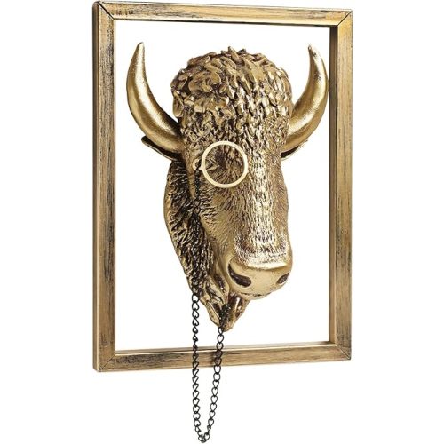 Newinhome Animal Heads Wall Decoration (Gift Metal Frame) Resin Animals Sculptures Head Wall Hanging Decor Gold vintage Wall Sculpture for Living Room Bedroom Office(Bull)