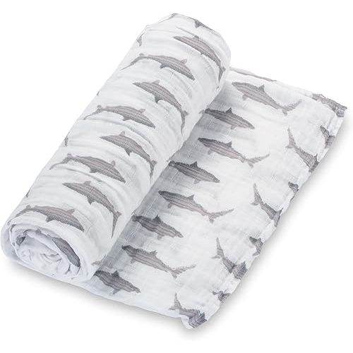 LollyBanks Muslin Swaddle Blanket, 100% Muslin Cotton Baby Blankets for Boys, 47 X 47 Inches Breathable and Soft Newborn Swaddle, Receiving Blanket for Baby, Baby Essentials, Registry (Shark Print)