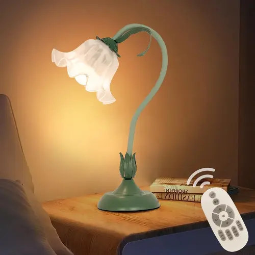 Flower Desk Lamp Gooseneck Lily of The Valley Lamp Dimmable Floral Table Lamp with Remote Control Eye Caring Nightstand Light for Bedroom Reading Office Decor (Bendable)