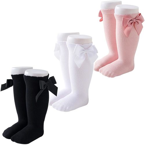 Marchare Baby Girls Knee High Socks Baby Girls Bow Stockings Cotton Uniform Stockings Dress Socks 5 Pack,0-5T