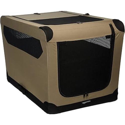 Amazon Basics Folding Soft Crate for Cat, Dog, Rabbit, Portable and Collapsible, 36 Inch, Tan, L 36" x 24" x 24"
