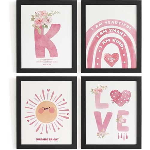 DSHFG Pink Personalized Wall Art for Kids Room, Initial Wall Decor Prints Set of 4, Pink Rainbow Wall Art for Kids Bedroom Girls Room Wall Decor of K, 8x10 Unframed