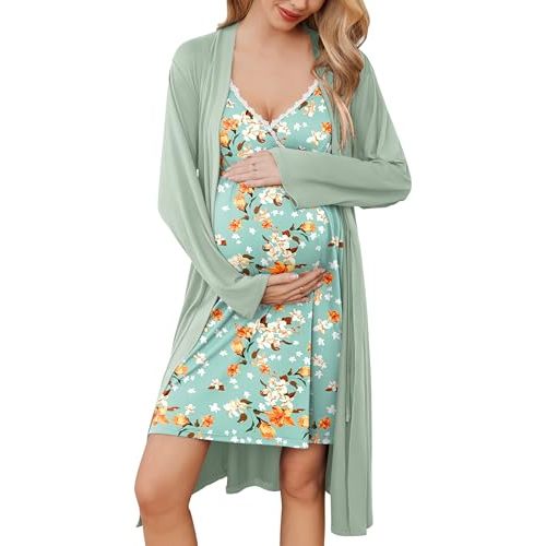 Ekouaer Womens Maternity Nursing Gown and Robe Set Labor Delivery Nuring Nightgowns for Hospital Breastfeeding Robes