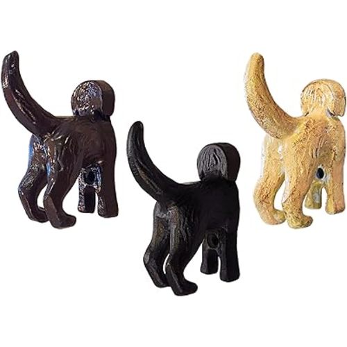 Lulu Decor, Cast Iron Labrador Black, Chocolate Brown & Cream Dog Tail Hooks (3 Dog Tail Hooks)