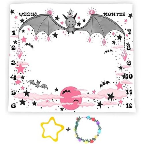 Bat Baby Milestone Blanket for Boy or Girl, Watercolor Pink Moon Cloud Photography Background, Monthly Age Growth Chart with Frame, Baby Shower Newborn Mom Gifts, Large 48x40in BTDWSS177