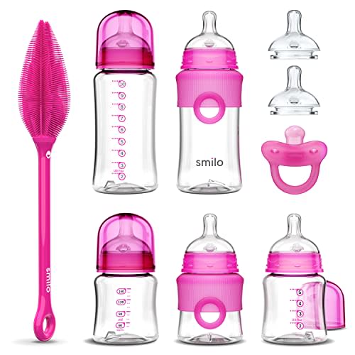 Smilo Baby Bottle Feeding Gift Set - Bottle Set with 100% Silicone Newborn Pacifier, Replacement Nipples and Baby Bottles Cleaning Brush - Perfect Essentials and Gift for Girls & Boys - Pink