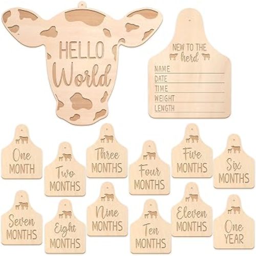 Huray Rayho Cow Baby Monthly Milestone Cards, Wooden Newborn Photo Props