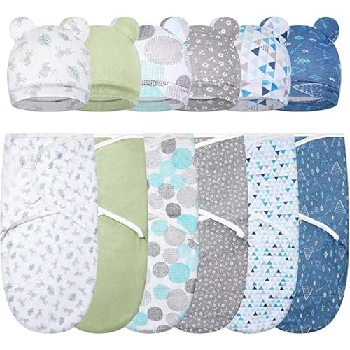 Ramede 6 Pack Baby Swaddle Blanket with Hats Sleep Swaddle for 0-3 Months Newborn Sacks Soft Cotton Wearable for Boy Girl