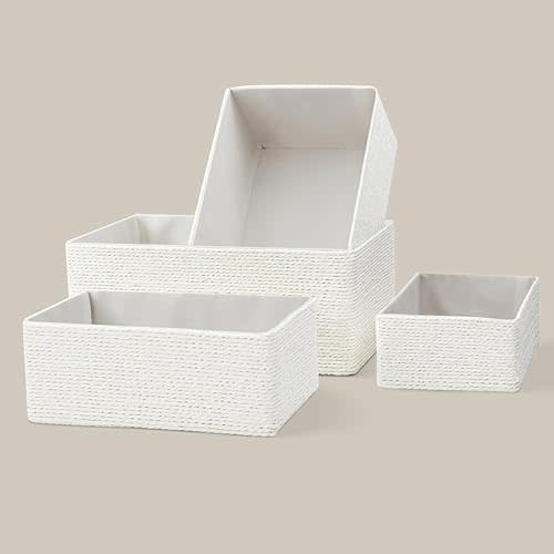 PROLAND Recycled Wicker Storage Basket, Paper Rope Storage Baskets for Organizing Container Bins for Shelves Cupboards Drawer, Small Woven Basket Set of 4