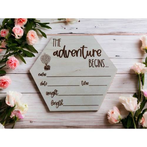 Up &quot;The Adventure Begins&quot; Wood Welcome Sign, Disney Pixar Newborn Announcement, Paradise Falls Photo Props for Babies, Wilderness Explorer