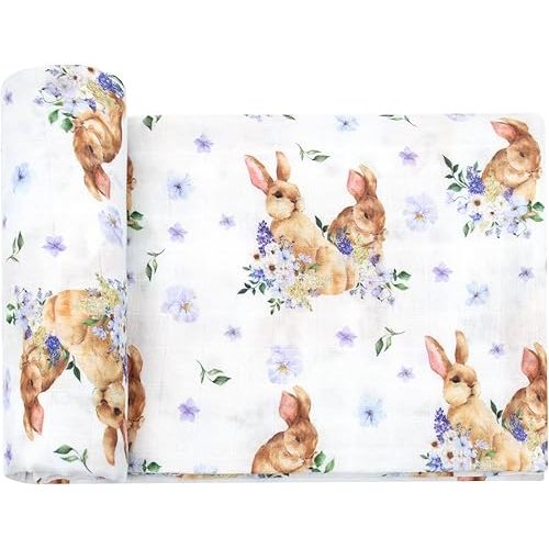 LifeTree Baby Swaddle Blankets, Muslin Swaddle Blankets Boys Girls Swaddling Wrap Receiving Blanket, 70% Viscose from Bamboo and 30% Cotton, Large 47" x 47", Purple Floral and Rabbit Pattern