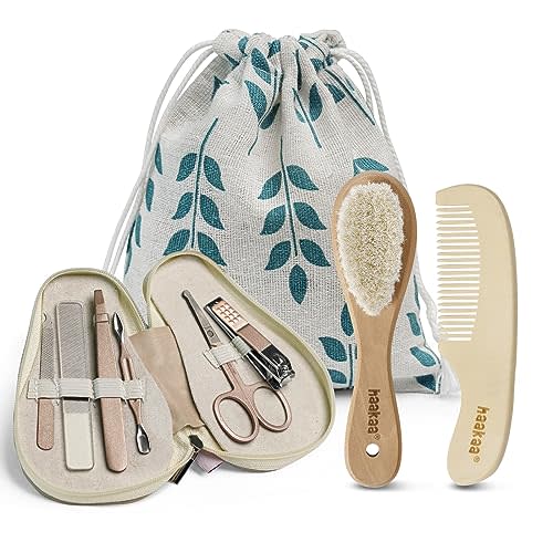 haakaa Baby Hair Brush and Comb Set & Pear-FECT Manicure Kit for Newborns & Toddlers, Natural Soft Goat Bristles and Wooden Handle, Baby Healthcare and Grooming Kit, Baby Nail Clippers, Pearl White