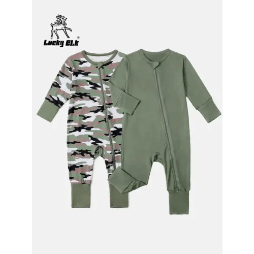 2pcs, Camouflage Pattern And Solid Color Zipper Jumpsuit Romper For Baby Boys