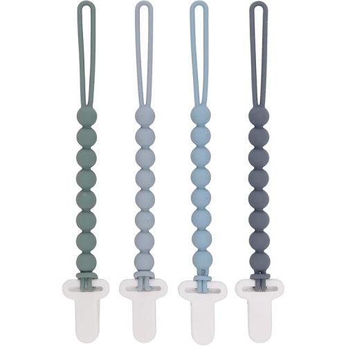 4-Pack Silicone Pacifier Clips with One-Piece Beads for Baby Boys and Girls - Flexible and Rust-Free Holders for Teething Relief and Baby Essentials, Safe for Newborns (Grey)