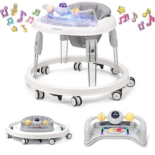 Baby Walker with Wheels,Music and Lights Baby Walker for Boys Girls 6-12 Months,Foldable Baby Walkers and Activity Center,Toddler Infant Walker with 7-Speed Height Adjustment,Detachable Plate,Gray
