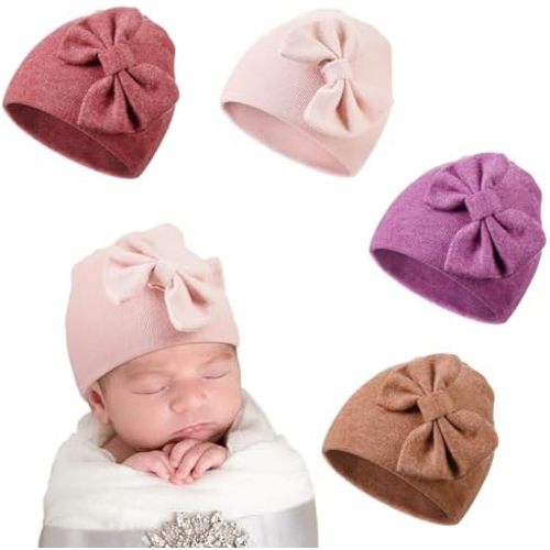 Cuffbow 4 Pcs Preemie Hats Bow Cap Warm Hospital Premature Baby Cotton Beanie for Premature Boy Girl Newborn 3-7 Lbs Infant