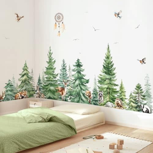 Large Watercolor Pine Tree Animals Wall Stickers Woodland Forest Tree Fox Deer Bear Wall Decals Baby Nursery Bedroom Living Room Wall Decor