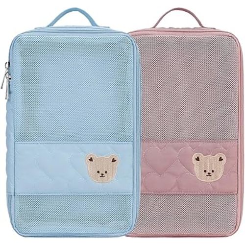 Baby Diaper Bag Organizer Pouches - 2 Pack Waterproof Pod Hanging Diaper Bag Cute Bear Mesh Bag Reusable, Washable or Baby Cloth Diapers (Pink&Blue)