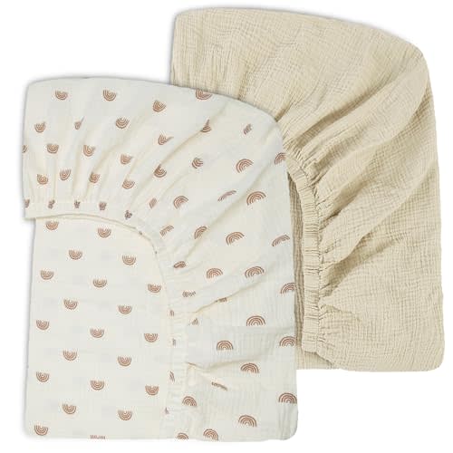 Ultra Soft Muslin Crib Sheets for Baby, Premium Breathable Organic Cotton Crib Fitted Sheet for 52’’x28’’Standard Crib and Toddler Mattress,2 Pack Beige&Rainbow